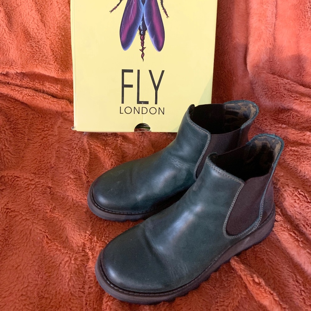 Green leather Chelsea boots by Fly London, EU size 38, US size 7.5